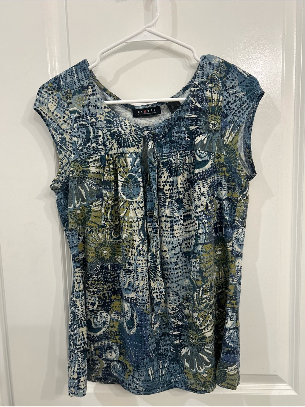 Axcess Blue and Green Floral Cap-Sleeve Blouse